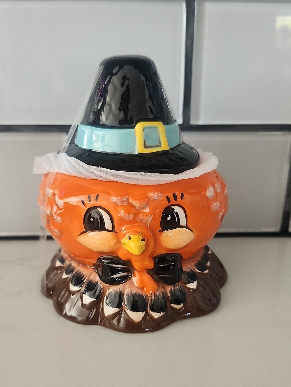 Johanna Parker Small Ceramic Orange Turkey with Black Pilgrim Hat Canister